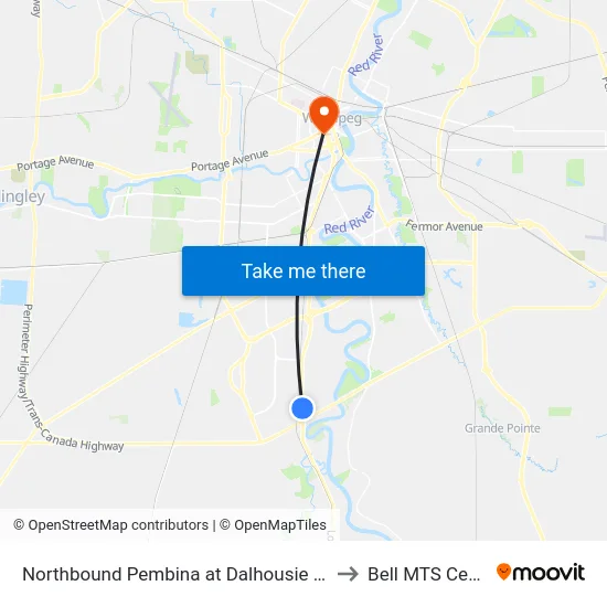 Northbound Pembina at Dalhousie South to Bell MTS Centre map