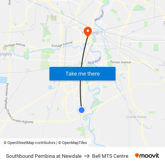 Southbound Pembina at Newdale to Bell MTS Centre map