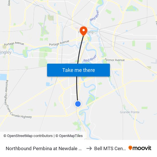 Northbound Pembina at Newdale North to Bell MTS Centre map
