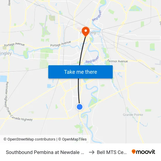 Southbound Pembina at Newdale North to Bell MTS Centre map