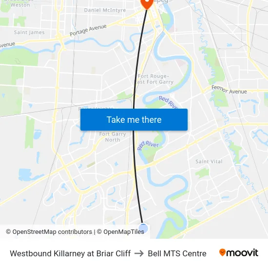 Westbound Killarney at Briar Cliff to Bell MTS Centre map