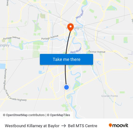 Westbound Killarney at Baylor to Bell MTS Centre map