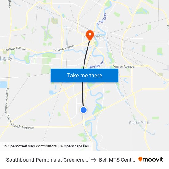 Southbound Pembina at Greencrest to Bell MTS Centre map