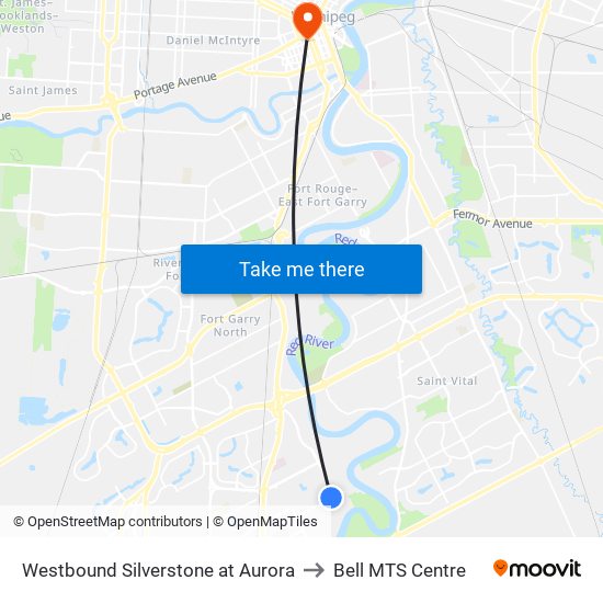 Westbound Silverstone at Aurora to Bell MTS Centre map