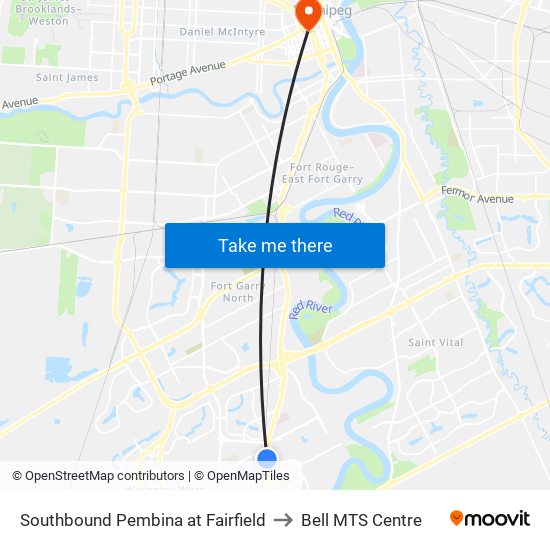 Southbound Pembina at Fairfield to Bell MTS Centre map