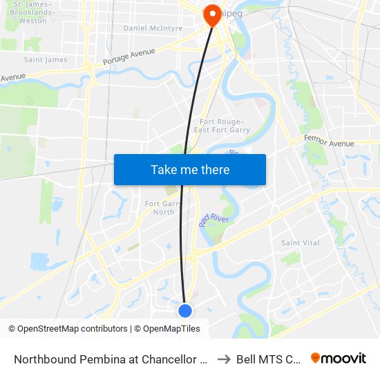 Northbound Pembina at Chancellor Matheson to Bell MTS Centre map