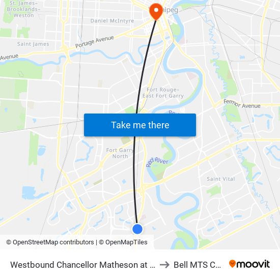 Westbound Chancellor Matheson at Pembina to Bell MTS Centre map