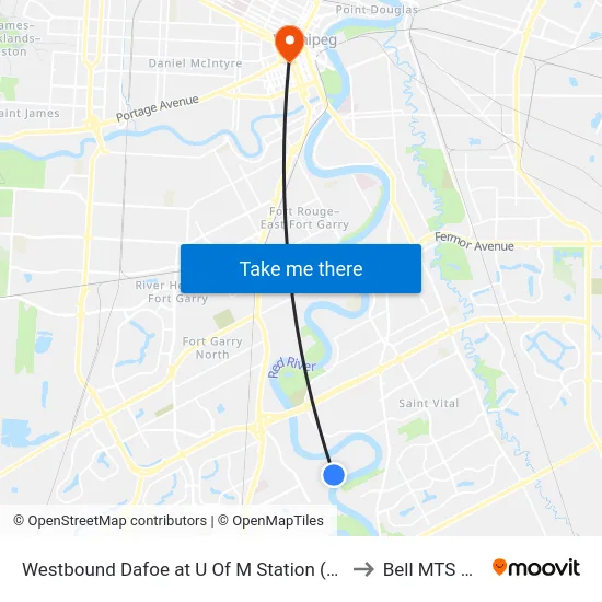 Westbound Dafoe at U Of M Station (662, 671, 672) to Bell MTS Centre map
