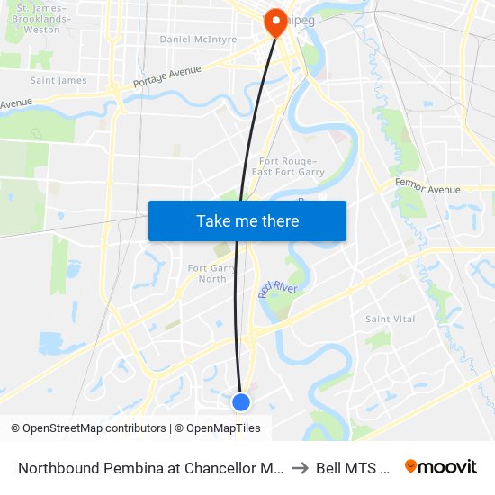 Northbound Pembina at Chancellor Matheson North to Bell MTS Centre map