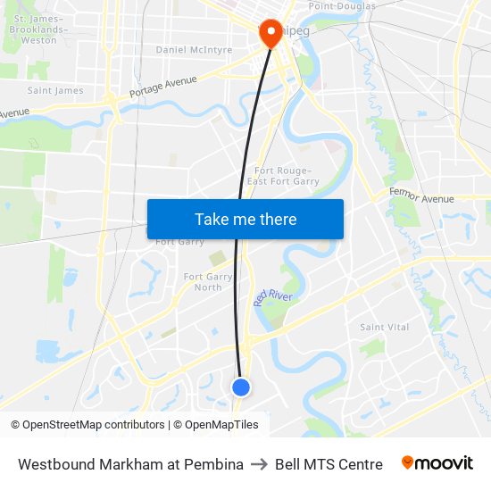 Westbound Markham at Pembina to Bell MTS Centre map