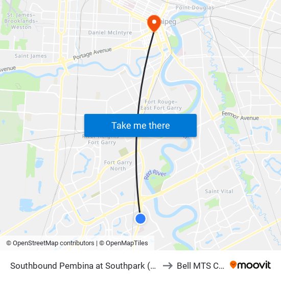 Southbound Pembina at Southpark (Park & Ride) to Bell MTS Centre map