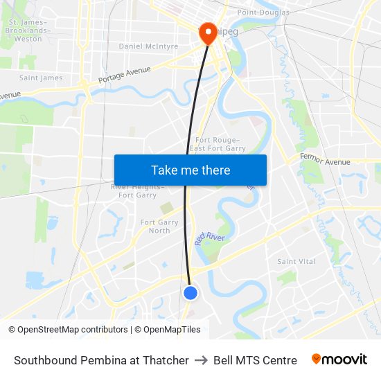 Southbound Pembina at Thatcher to Bell MTS Centre map