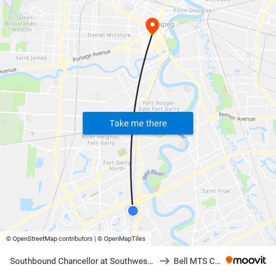 Southbound Chancellor at Southwest Transitway to Bell MTS Centre map