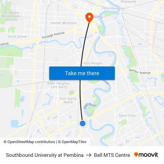 Southbound University at Pembina to Bell MTS Centre map