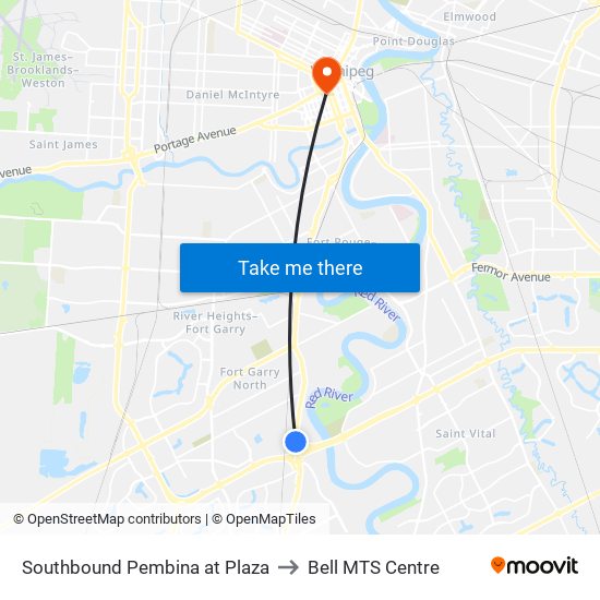 Southbound Pembina at Plaza to Bell MTS Centre map