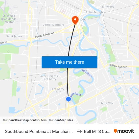 Southbound Pembina at Manahan South to Bell MTS Centre map