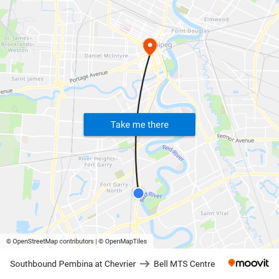 Southbound Pembina at Chevrier to Bell MTS Centre map