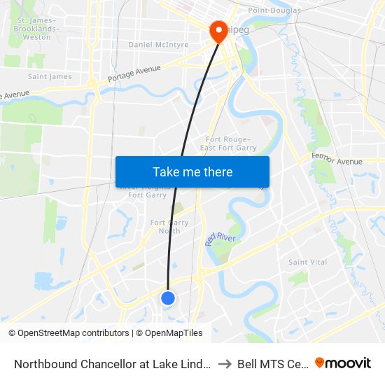 Northbound Chancellor at Lake Lindero East to Bell MTS Centre map