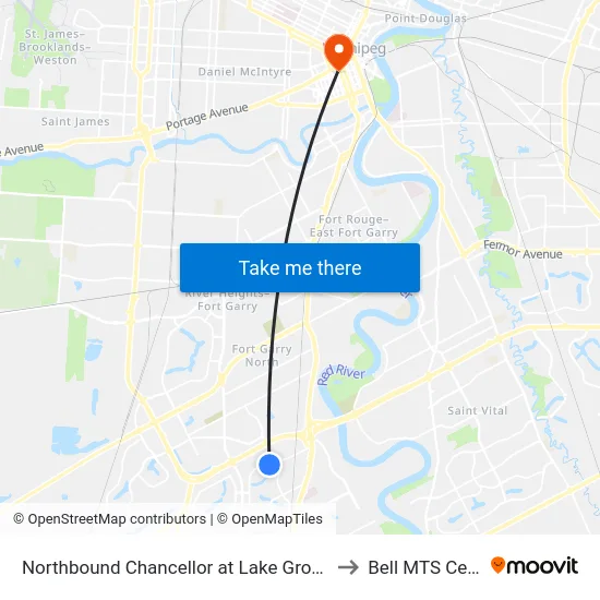 Northbound Chancellor at Lake Grove West to Bell MTS Centre map