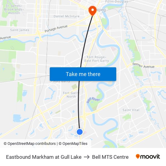 Eastbound Markham at Gull Lake to Bell MTS Centre map