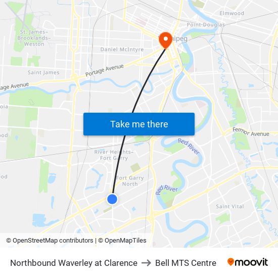 Northbound Waverley at Clarence to Bell MTS Centre map