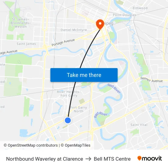 Northbound Waverley at Clarence to Bell MTS Centre map