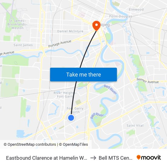 Eastbound Clarence at Hamelin West to Bell MTS Centre map