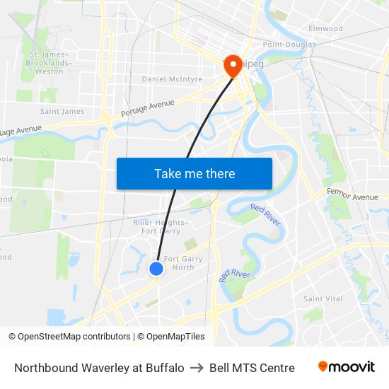 Northbound Waverley at Buffalo to Bell MTS Centre map