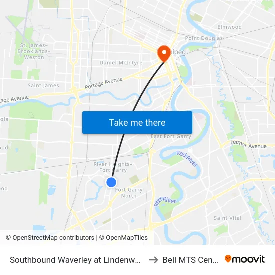 Southbound Waverley at Lindenwood to Bell MTS Centre map