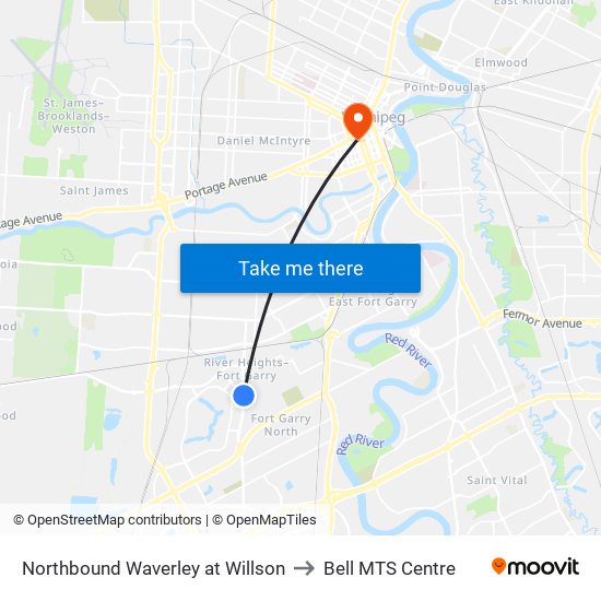 Northbound Waverley at Willson to Bell MTS Centre map