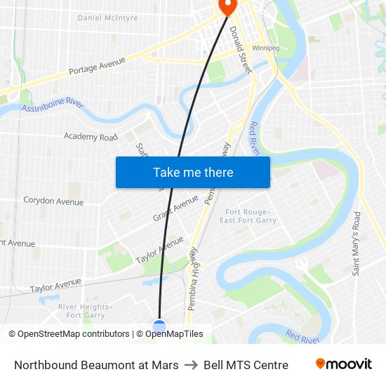 Northbound Beaumont at Mars to Bell MTS Centre map