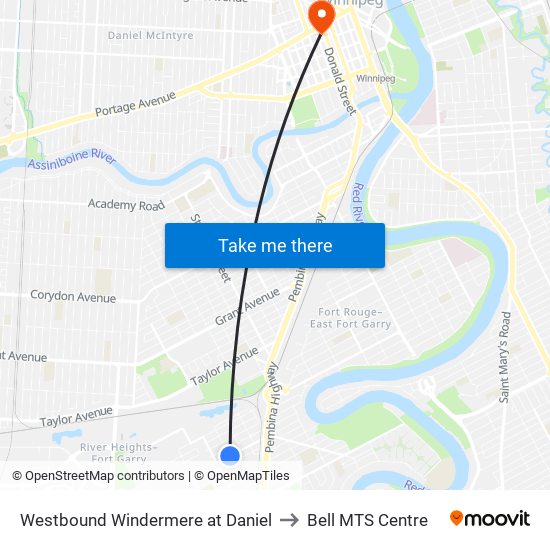 Westbound Windermere at Daniel to Bell MTS Centre map