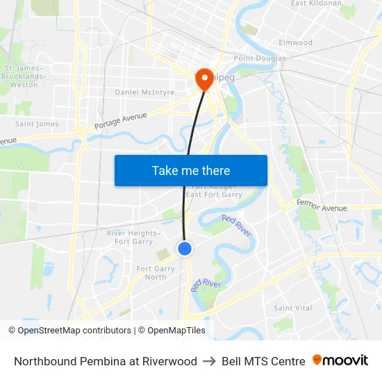 Northbound Pembina at Riverwood to Bell MTS Centre map