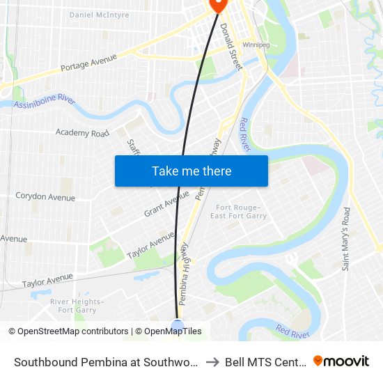 Southbound Pembina at Southwood to Bell MTS Centre map