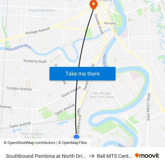 Southbound Pembina at North Drive to Bell MTS Centre map