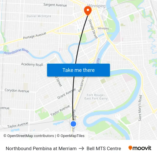 Northbound Pembina at Merriam to Bell MTS Centre map