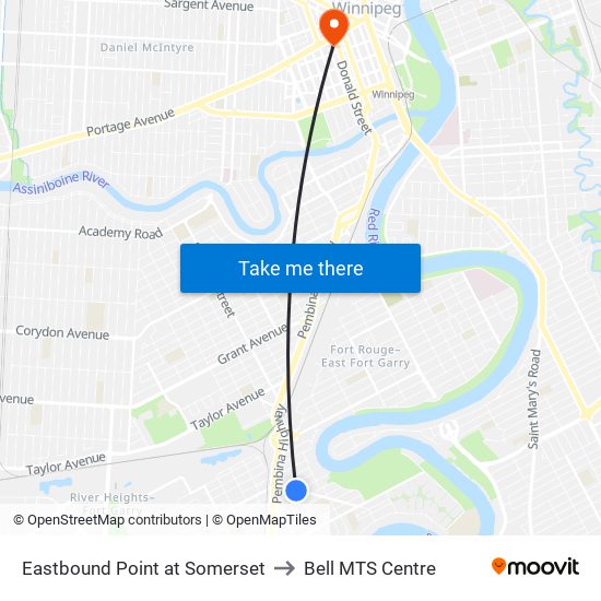 Eastbound Point at Somerset to Bell MTS Centre map