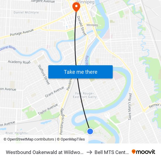 Westbound Oakenwald at Wildwood to Bell MTS Centre map