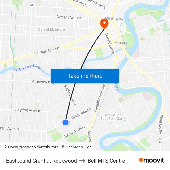 Eastbound Grant at Rockwood to Bell MTS Centre map