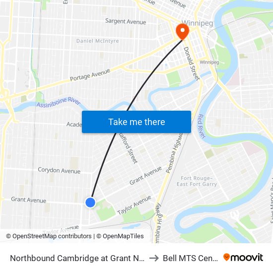 Northbound Cambridge at Grant North to Bell MTS Centre map