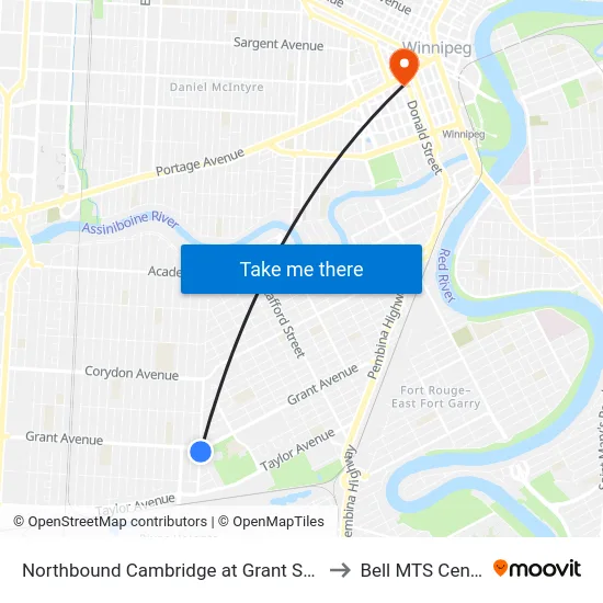 Northbound Cambridge at Grant South to Bell MTS Centre map