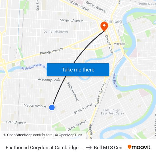 Eastbound Corydon at Cambridge West to Bell MTS Centre map