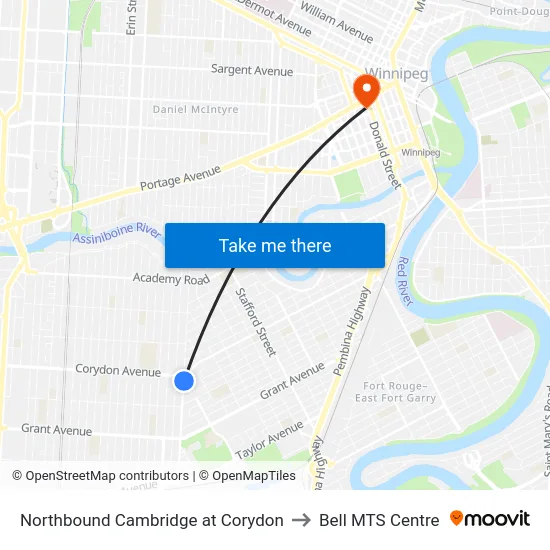 Northbound Cambridge at Corydon to Bell MTS Centre map