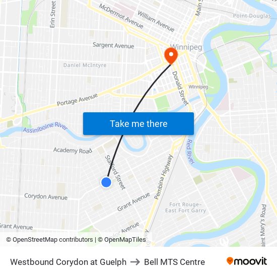 Westbound Corydon at Guelph to Bell MTS Centre map