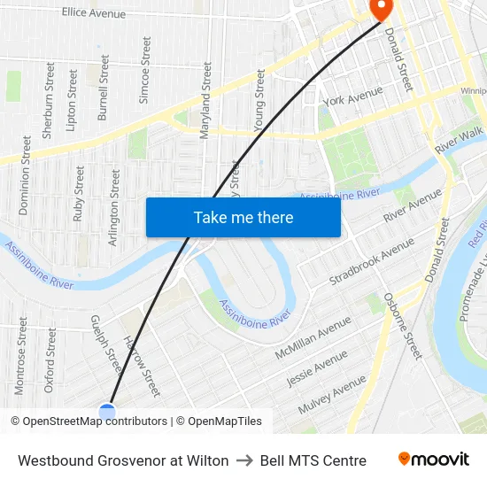 Westbound Grosvenor at Wilton to Bell MTS Centre map