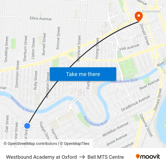 Westbound Academy at Oxford to Bell MTS Centre map
