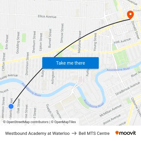 Westbound Academy at Waterloo to Bell MTS Centre map