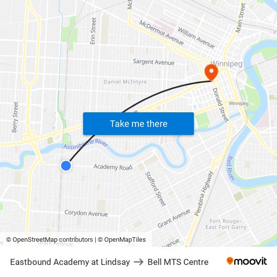 Eastbound Academy at Lindsay to Bell MTS Centre map