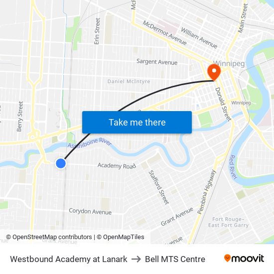 Westbound Academy at Lanark to Bell MTS Centre map