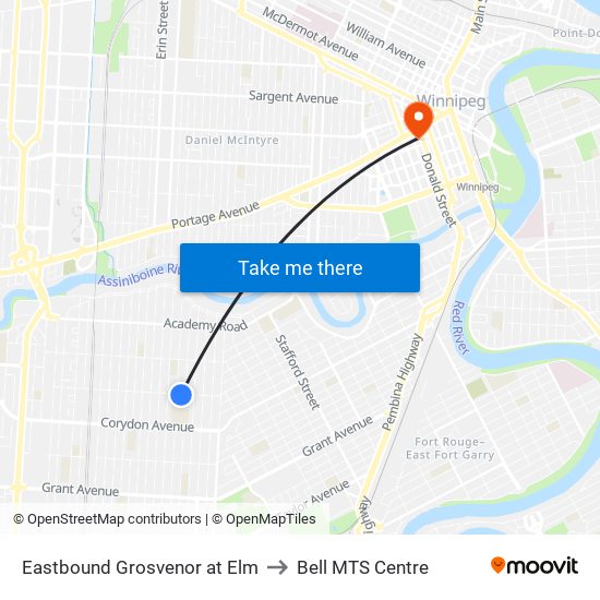 Eastbound Grosvenor at Elm to Bell MTS Centre map